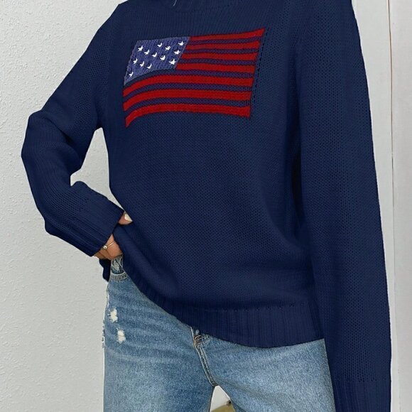 Blue Casual Womens Flag Pattern Sweater - Picture 5 of 5